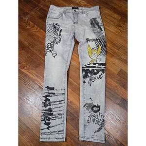 Enslaved Men Graphic Print Slim Fit Jeans Grey Acid Wash Barbed Wire Angel 32x31